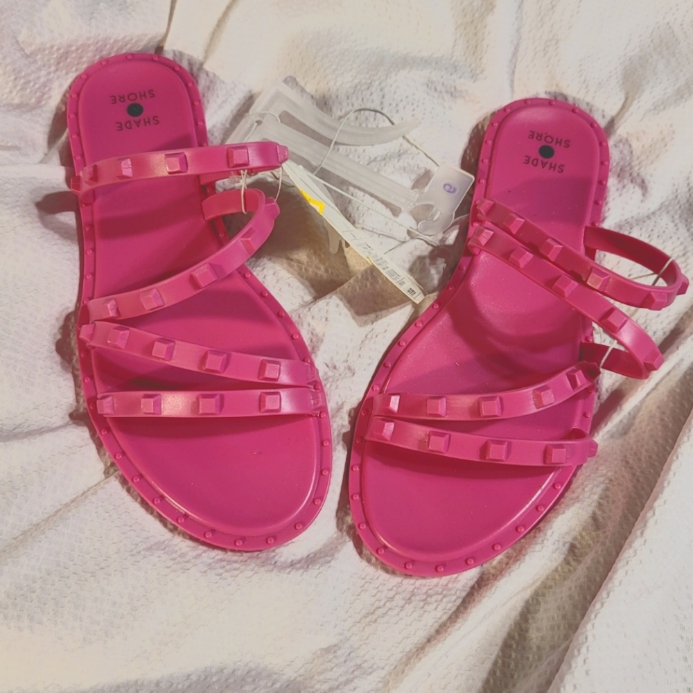 NWT Waterproof flexible 4 strap square detail slip on slide sandal pool shoe